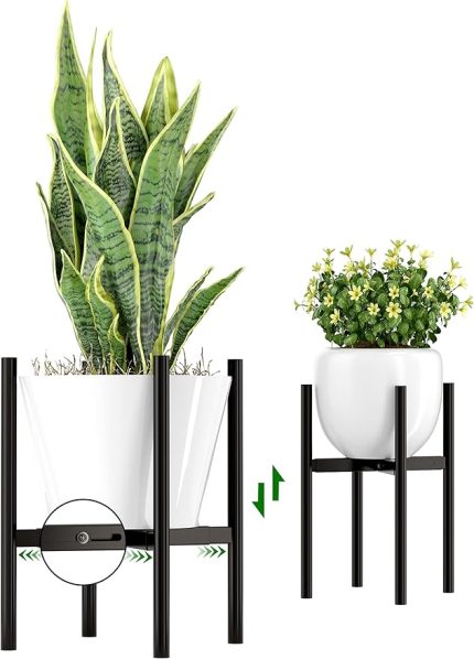 Ayarlanabilir Bitki Saksısı Standı, İç Mekan Dış Mekan Kullanımı için 20-30 cm Metal Yüksekliğinde Bitki Tutucu, Modern Yüzyıl Ortası Uzatılabilir Kaplamalı Çelik Çiçek Standı, Siyah