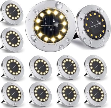 adetSolar zemin lambası, dış mekan, 8 LED solar lamba, 800 mAh disk ışık, güneş enerjisi paneli, bahçe lambası, solar lamba, çim, yürüme yolu, havuz, teras için dekorasyon (beyaz)