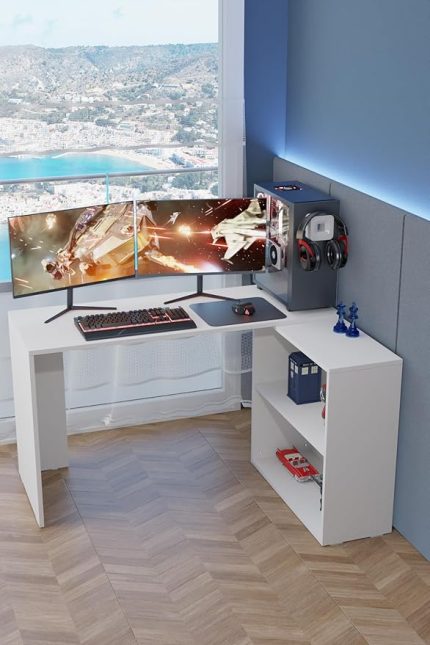 Masa Beyaz - L Çalışma Masası Bilgisayar Masası Dolaplı Kitaplıklı