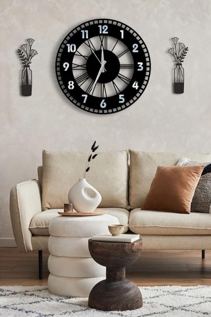 Dekoratif Gümüş Aynalı Duvar Saati Vazo Desenli Tablo Seti - 48cm Yuvarlak Ahşap Pilli Saat GÜMÜŞ 48 x 48