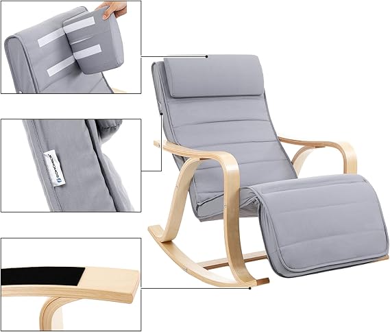 Huş Ağacı Sallanan Sandalye, 5 Kademede Ayarlanabilen Ayak Desteği, Pamuk Kılıf, 150 Kg Taşıma Kapasitesi, Oturma Odası, Yatak Odası, Açık Gri, Lyy41G - Görsel 4