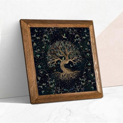 Hayat Ağacı Taş Duvar Tablosu - Ahşap Çerçeveli Taş Tablo - 25x25 cm - Dekoratif Duvar Sanatı - Modern Ev ve Ofis Duvar Dekoru W1-141