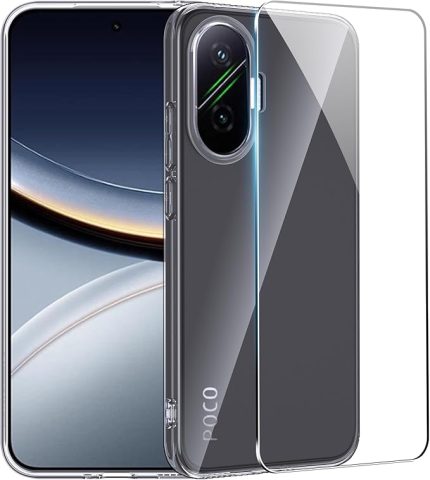 Xiaomi Poco F7 cep telefonu kılıfı + 1 x koruyucu folyo, şeffaf silikon koruyucu kılıf, çizilmez, sararmaz ve darbeye dayanıklı, ince, yumuşak, şeffaf TPU kılıf