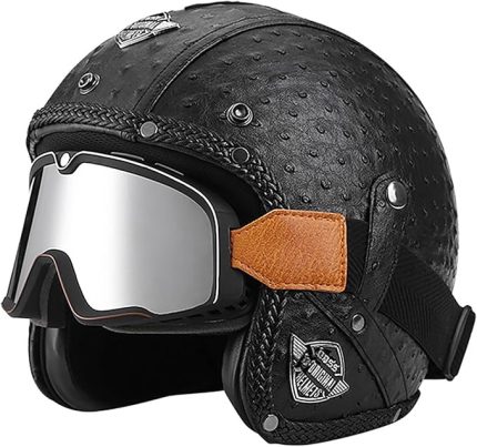 Kaskı Vintage Jet Kask 3/4 Açık Yüz Kask Gözlüklü Deri Yarım Kask Erkek Kadın Yetişkin Motosiklet Kaskı DOT ECE Onaylı Scooter Kaskı(02,L=(59~60cm))