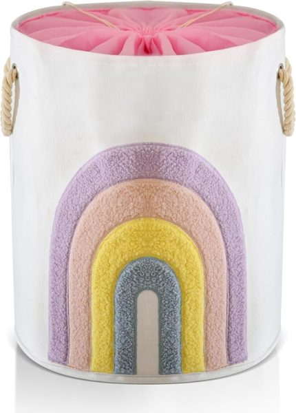 Bebek Çamaşır Sepeti Pembe, Kanvas 58L XL Giysi Sepeti İpli Kapatma Kız Çocuk Odası Oyuncak Sepetleri için, Kız Odası Dekoru Boho (Yağmur Yayı)