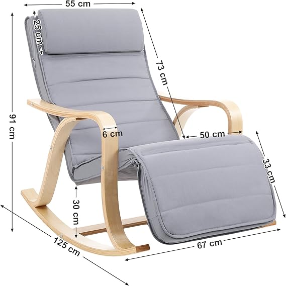 Huş Ağacı Sallanan Sandalye, 5 Kademede Ayarlanabilen Ayak Desteği, Pamuk Kılıf, 150 Kg Taşıma Kapasitesi, Oturma Odası, Yatak Odası, Açık Gri, Lyy41G - Görsel 3