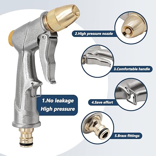 Bahçe el duşu, yüksek basınçlı bahçe duşu/bahçe püskürtme tabancası, %100 metal, ayarlanabilir su akışı, araç yıkama, temizlik işleri ve bahçe sulama için - Görsel 2