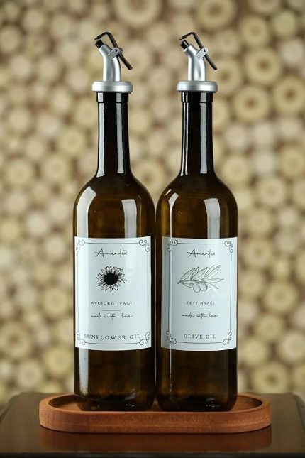Ahşap Standlı Amber 2'li 750 Ml Zeytinyağı Sıvıyağ Şişesi Yağdanlık Yağlık Cam Şişe Siyah