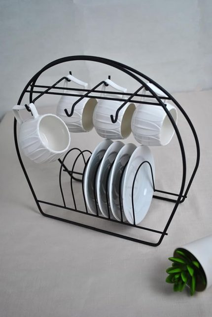 Diyarı Siyah Fincan Takımı Standı, Kahve Fincan Askısı Tabaklı Tezgah Üstü & 6'lı