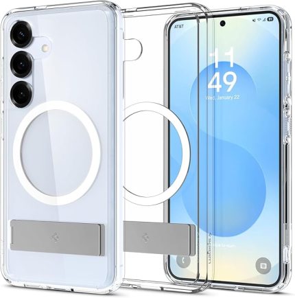 Galaxy S25 ince Kılıf Ultra Hybrid S Metal Stand'lı Sararma Karşıtı DuraClear™ Hava Kanalı Teknolojisi™ Askeri Sınıf Koruma MagFit özellikli Clear White Şeffaf Kapak - ACS09026