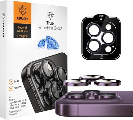 iPhone 14 Pro / 14 Pro Max / 15 Pro / 15 Pro Max SAFİR PREMIUM Kamera Lens Koruyucu, [Orijinal Tasarım] Çizilmez 9H Temperli Cam Kamera Ekran Koruyucu, Metal Lens, Mor