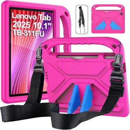 Lenovo Tab Tablet 2025 10,1 inç (TB311FU) için çocuk kılıfı, Eva hafif darbeye dayanıklı koruyucu kılıf, çocuk saplı ve omuz askılı, pembe