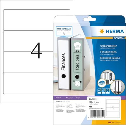 5095 Klasör Sırtı Etiketleri, 25 Yaprak, 192 x 61 mm, A4 Başına 4, 100 Adet, Kendinden Yapışkanlı, Opak, Çıkartma, Beyaz