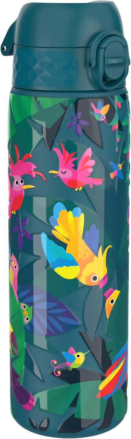 Çelik içecek şişesi, 600 ml, sızdırmaz, tek elle açılır, güvenli kilitleme, bulaşık makinesinde yıkanabilir, katlanır kapak, taşıma sapı, kolay temizlenir, uzun ömürlü, egzotik kuş tasarımı