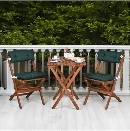 Ahşap 3'lü Bistro Set, Katlanır Minderli Masa Sandalye Takımı, Balkon Bahçe Mobilyası, Ceviz-Yeşil