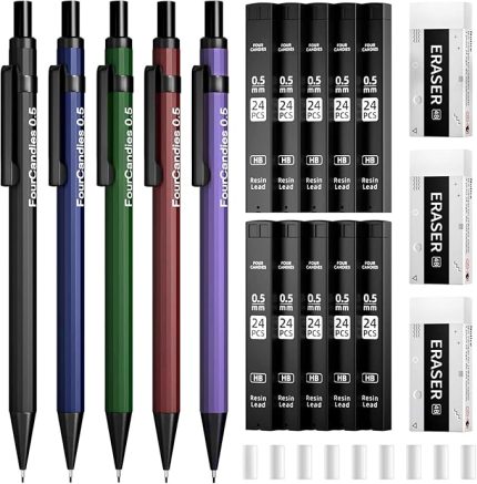 Candies 0.5 mm Mechanical Pencil Set with Case - 5PCS Metal Mechanical Pencils, 10 Tubes HB #2 Lead Refills, 3PCS 4B Erasers and 9PCS Eraser Refills, College School Supplies for Student Writing