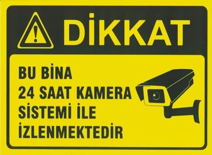 Bina 24 Saat Kamera Sistemi ile İzlenmektedir, Alüminyum Levha Uyarı Tabelası, Sarı-Siyah