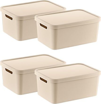 4'Lü Set Stafi Çok Amaçlı Kapaklı Kutu Latte 4,5 LT - LATTE, Çok Amaçlı Kapaklı Kutu, Ev-Ofis-Depo İçin, Kapaklı Saklama Kutusu