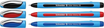 150293 Slider Memo XB tükenmez kalem (kapaklı, çizgi kalınlığı: XB, yazı rengi: kırmızı/siyah/mavi, Almanya'da üretilmiştir) 3'lü kılıf
