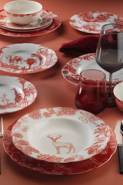 Porselen Bone Olympos 6 Kişilik 28 Parça Yemek Takımı Kırmızı Dekorlu 11573
