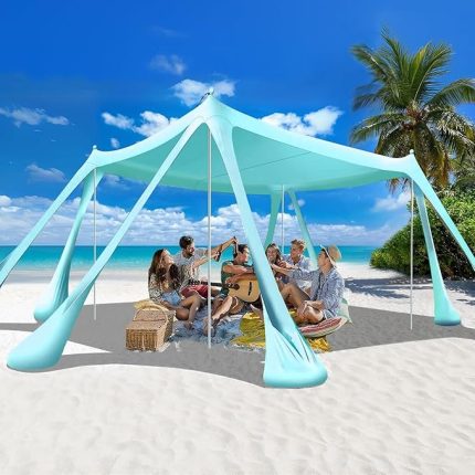 Plaj Gölgelik Tente Deniz Çadırı, Sahil Plaj Gölgeliği Kanopy, UPF50 Güneş Koruma, Açık Hava Deniz Şemsiyesi Tente Gölgelik Aile Kampı Balık Piknik için Gölgelik, 300x300cm, Turkuaz