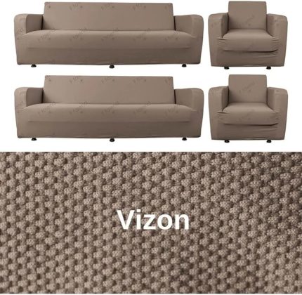 Balpeteği Desenli Lastikli Koltuk Örtüsü Takımı, 3+3+1+1, Vizon