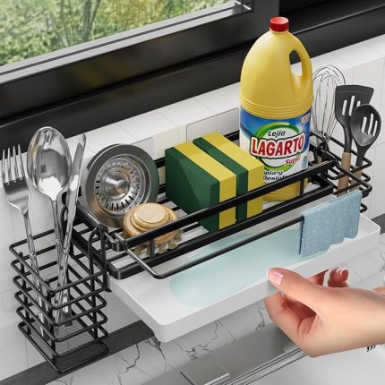 Mutfak lavabo düzenleyici, dar, damlama kaseli ve 2 tutuculu, duvara asılır, lavabo düzenleyici, delmeden kendinden yapışkanlı, mutfak aksesuarı, sünger, fırça, bulaşık sabunu için