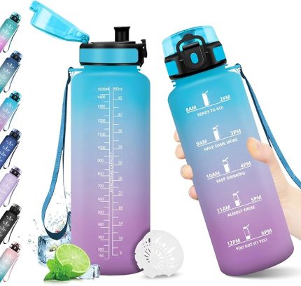 içecek şişesi, 1,5 l, zaman işaretli, filtreli su şişesi, sızdırmaz, karbondioksit için uygun, BPA içermez, fitness, jimnastik, bisiklet, yoga, ofis için su şişesi