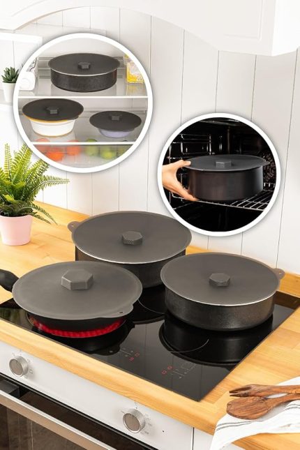 Vienev 3Lü Büyük Boy Silikon Tencere Tava Kapağı Isı Koruyucu