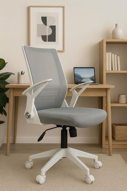 Katlanır Kollu Çalışma Sandalyesi | Ofis ve Bilgisayar Koltuğu | Gri Kumaş - Beyaz Kollar