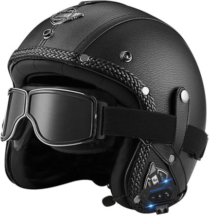 Açık Yüz Bluetooth Kask Retro Jet Motosiklet Deri Kask Moda Gözlüklü Yetişkin Yarım Kask ECE Onaylı Erkek Ve Kadın 3/4 Kasklar Moped Scooter(B,L=(59~60cm))