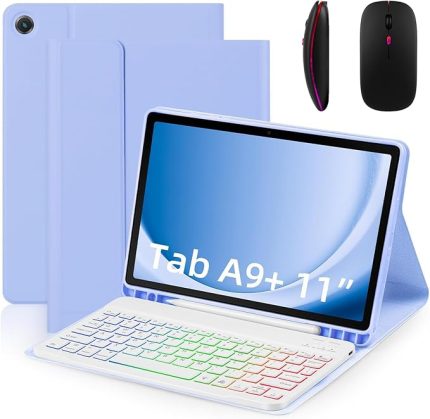 Kılıfı, Mor Klavye Kılıfı, Samsung Galaxy Tab A7 10,4 inç 2020 (SM-T500/T505/T507), 7 Renk Arkadan Aydınlatmalı, Manyetik Çıkarılabilir Kablosuz Klavye