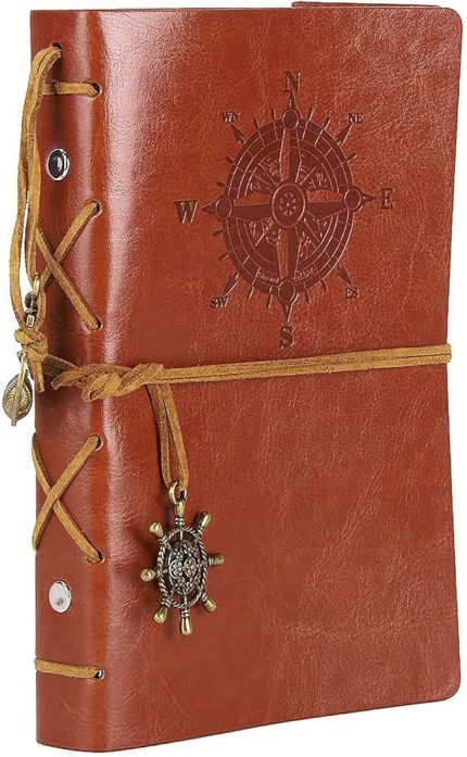 Retro Vintage Denizcilik Defteri Klasik PU Deri Kapak Not Defteri Seyahat Günlüğü Seyahat Dergisi Doldurulabilir Eskiz Defteri Spiral Halka Binder Günlüğü Boş Sayfalar, Astarsız Kağıt, Retro Kolye, Klasik Kabartmalı (130x185 mm, Kahverengi)