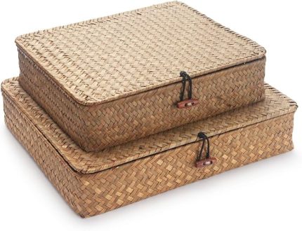 Dikdörtgen rattan sepet, saklama sepeti, doğal dokuma, deniz yosunu, kapaklı raf sepetleri, 2 adet (doğal büyük + küçük)