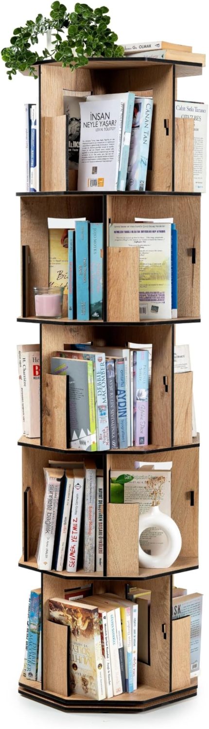 Wood 360° Döner Kitaplık – Modern ve Dekoratif Çok Katmanlı Ahşap Kitap ve Dergi Rafı (Meşe, 5 Raflı)