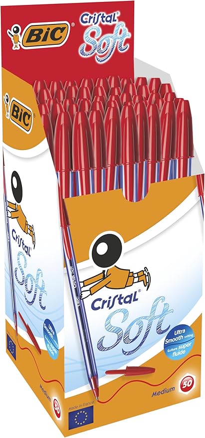 Cristal Soft Tükenmez Kalem, Kırmızı, 50'li Kutu, 1.2 mm Orta Kalınlıkta Uç, Şeffaf Gövde, Delikli Kapak