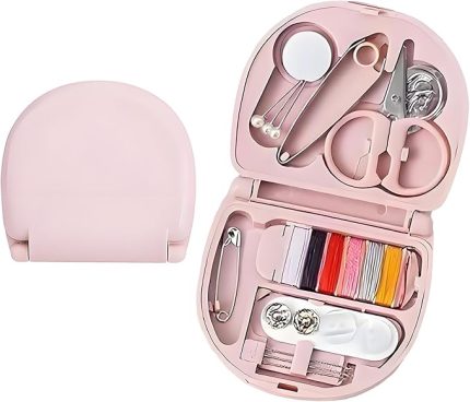 Mini dikiş seti, taşınabilir dikiş seti, seyahat, pembe iğne ve iplik seti, yeni başlayanlar, kendin yap ve evde kullanım için (6 x 7 cm)