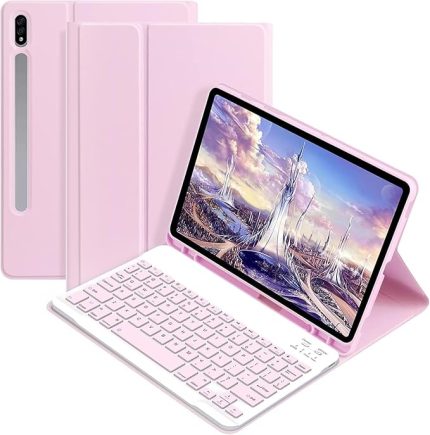Galaxy Tab S9 FE Plus/S10 Plus/S9 Plus12,4 inç 12,4 ile Uyumlu Bluetooth Türkçe Q Klavyeli Kılıfı (Tablet Değildir) (Pembe)