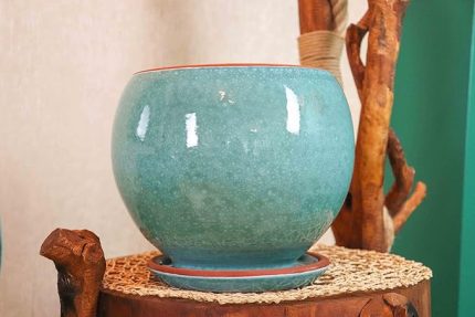 Tasarımı Ev Dekorasyon Turkuaz Artistik Çift Sırlı İç Ve Dış Mekan Kullanımlı Tabaklı Toprak Terrakota Saksı Saksılık Salon Çiçeklik