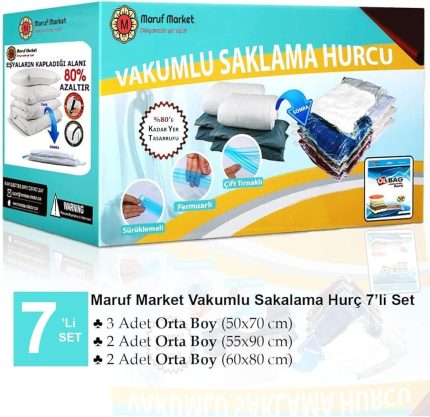 Home Yüksek Kaliteli 7'li Vakumlu Saklama Poşeti Seti-6 (Yastık - Elbise - Battaniye) Vakumlu Hurç 7'li6
