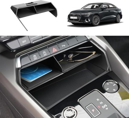 Orta konsol saklama kutusu, Audi A3 8Y 2021 2022 2023, A3 8Y ile uyumlu, aksesuar orta kol dayanağı, torpido gözü, Audi A3 8Y kolçak düzenleyici, kaymaz paspaslı (siyah)