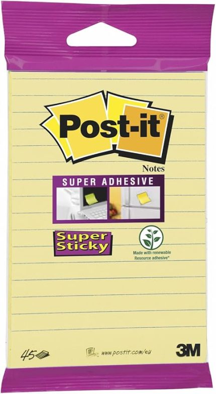 6845SLCY Super Sticky Notes 102 x 152 mm, çizgili, 1 blok A 45 yaprak, cam göbeği, macenta, sarı