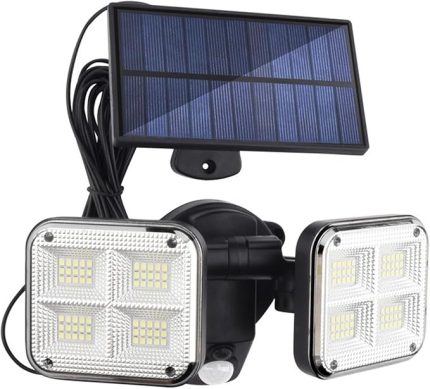 Solar Hareket Sensörlü Dış Mekan LED Işıkları 2 Kafa Güvenlik Projektörü Bahçe Aydınlatma, Veranda, Arka Bahçe için Güneş Enerjisi Lambası, Siyah