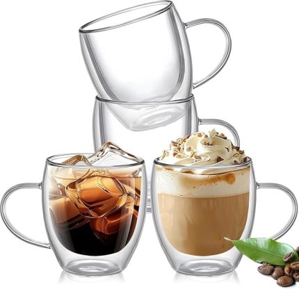 Çift Katmanlı Cam Kupa Bardak 250 ml Lüx Çift Cidarlı kupa - Termos Bardak - İki Duvarlı Yapısı ile Uzun Süre Sıcak-Soğuk Tutma özelliği, Kulplu Kahve Espresso Bardağı Brosilikat double layer Cup