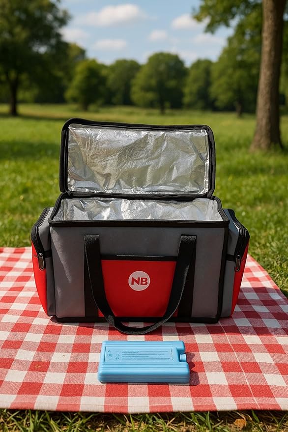 Yalıtımlı Piknik Soğutucu Çanta, Yan Cepli, Taşıma Askılı, Orta Boy, (GRİ-KIRMIZI)