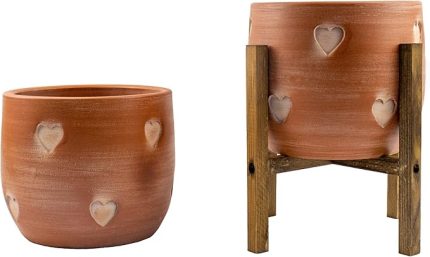 Tasarımı Ev Dekorasyon Aksesuar Kalp Desenli Toprak Saksı Saksılık Salon Çiçeklik İkili Set Ayaksız - 4 Ayaklı- 19 CM
