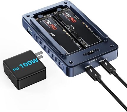 40Gbps M.2 NVMe SSD Muhafaza, Soğutma Fanı, Uyumlu Thunderbolt 4/3/USB 4.0, Destek SSD B+M M-Key, Çift Bölmeli SSD Muhafaza Çift Monitör Destek Yazılımı RAID, M1/M2/Windows için 2 USBC 40Gbps