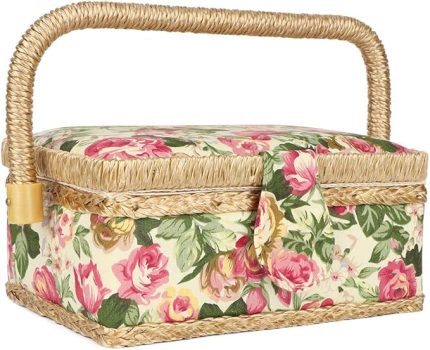 Kumaş Zanaat Dikiş Sepet İplik İğne Saklama Kutusu Organizatör (Gül kırmızı ızgara) (Pastoral güller)