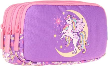 Üç Bölmeli Mor Unicorn Kız Çocuk Kalem Çantası