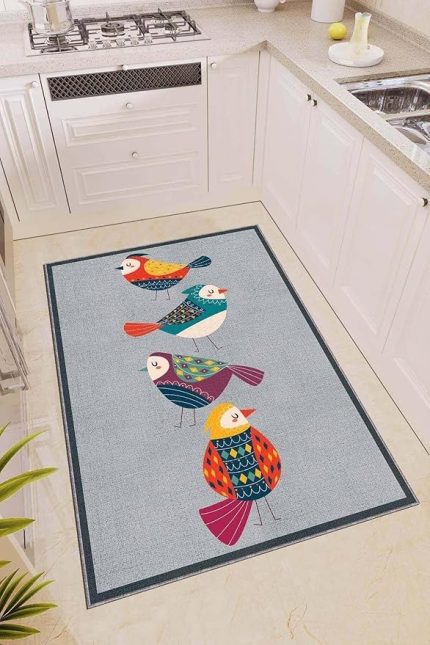 Home Kaymaz Taban Papağanlı Modern Mutfak Halısı Ar317, Gri, 80 X 150